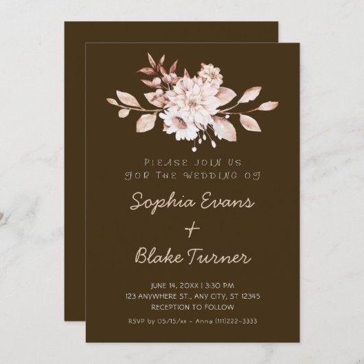 Moderne rustieke zachte bloemenmokka bruine bruilo kaart (Voorkant / Achterkant)