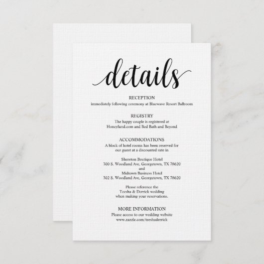 Moderne rustieke zwarte bruiloft details behuizing informatiekaartje (Voorkant / Achterkant)