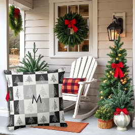 Moderne rustieke zwarte en witte pijnbomen monogra buitenkussen