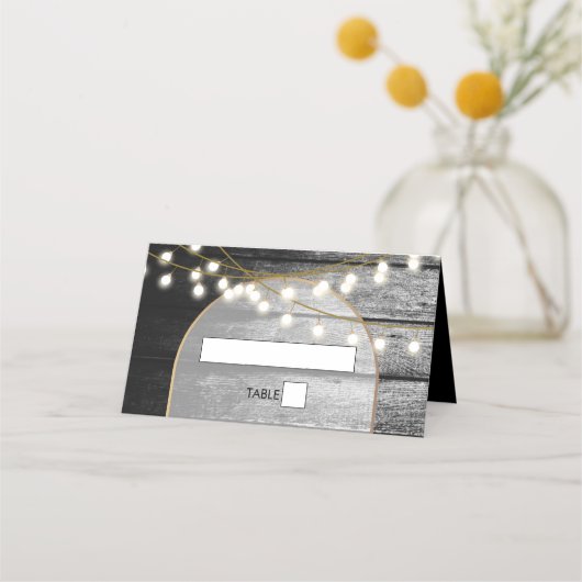 Moderne Rustieke Zwarte Houten Gouden Lichten Boog Plaatskaartje (Voorkant)