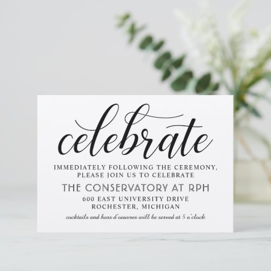 Moderne Rustieke Zwarte Script Bruiloftsreceptie Informatiekaartje (Staand voorkant)