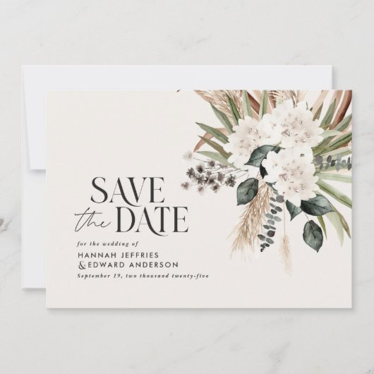 Moderne rustige pampas eucalyptus botanical QR cod Save The Date (Voorkant)
