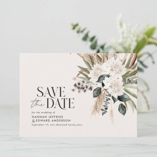 Moderne rustige pampas eucalyptus botanical QR cod Save The Date (Staand voorkant)