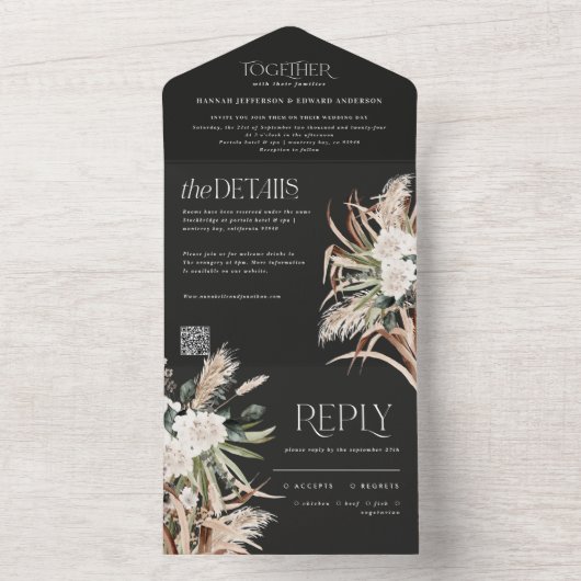 moderne rustige pampas eucalyptus bruiloft QR code All In One Uitnodiging (Binnen)