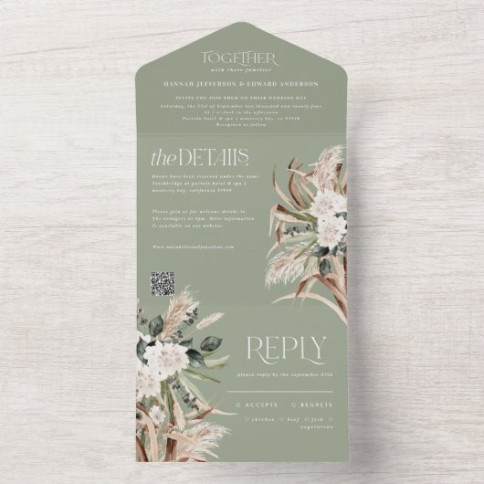 moderne rustige pampas eucalyptus bruiloft QR code All In One Uitnodiging (Binnen)