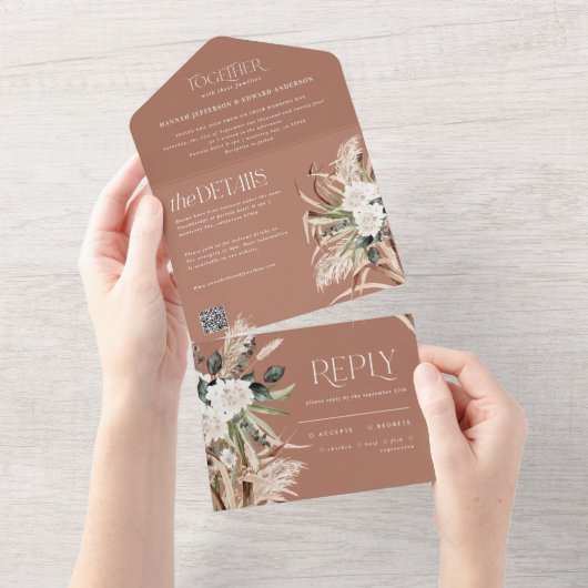 moderne rustige pampas eucalyptusbruiloft QR-code All In One Uitnodiging (Afscheurbaar)