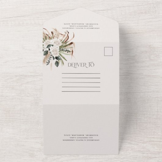 moderne rustige pampas eucalyptusbruiloft QR-code All In One Uitnodiging (Buitenkant)