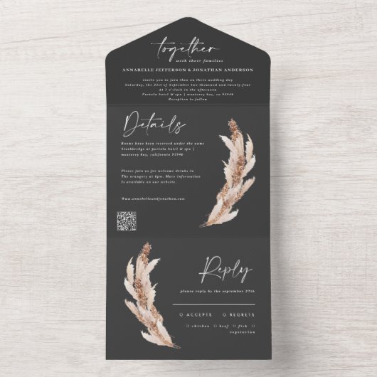 Moderne rustige pampas eucalyptusbruiloft QR-code All In One Uitnodiging (Binnen)