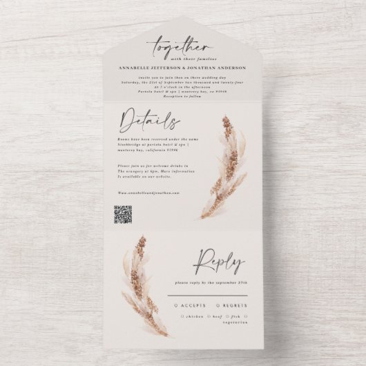 moderne rustige pampas eucalyptusbruiloft QR-code All In One Uitnodiging (Binnen)