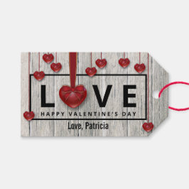 Moderne Rustige Valentijnsdag LOVE Red Hearts Wood Cadeaulabel