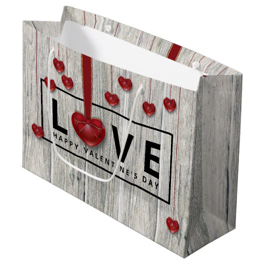 Moderne Rustige Valentijnsdag LOVE Wood Red Hearts Groot Cadeauzakje (Voorkant Gekanteld)