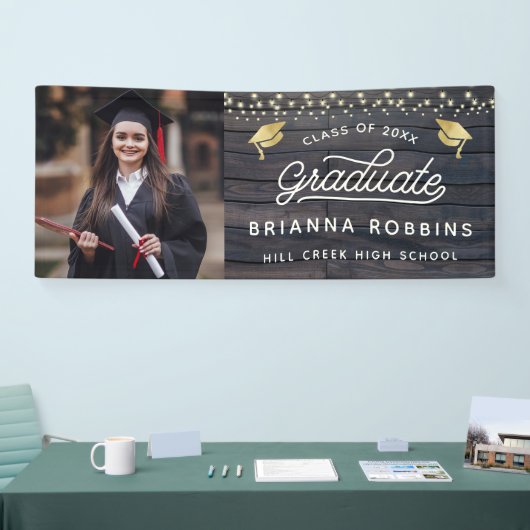 Moderne Rustisch Afstuderen met gouden  Fotohout Spandoek (Beurs)