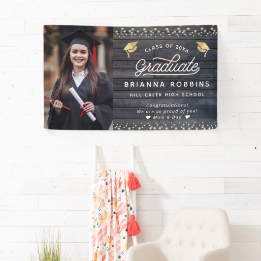 Moderne Rustisch Afstuderen met gouden  Fotohout Spandoek (Insitu)