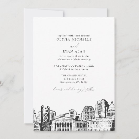 Moderne Sacramento Skyline Zwart & Wit Bruiloft Kaart (Voorkant)