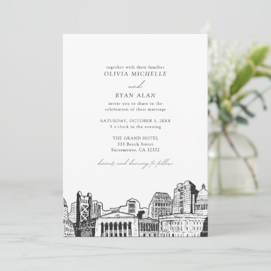 Moderne Sacramento Skyline Zwart & Wit Bruiloft Kaart (Staand voorkant)