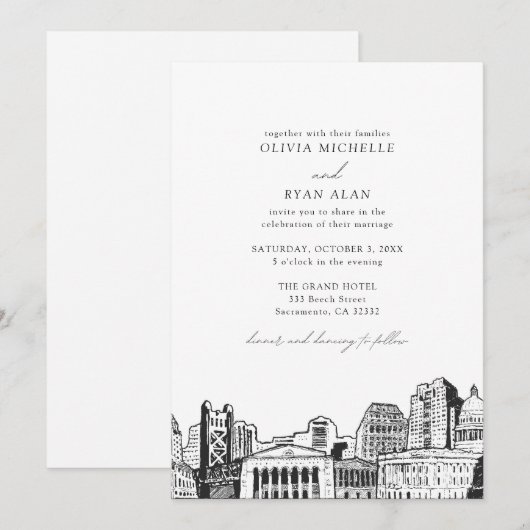 Moderne Sacramento Skyline Zwart & Wit Bruiloft Kaart (Voorkant / Achterkant)