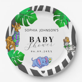 Moderne safari baby shower met zwart-wit strepen papieren bordje