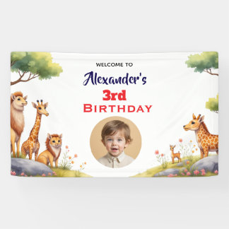 Moderne Safari Dieren Kinderen Neutrale Verjaardag Spandoek