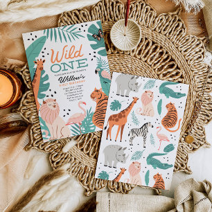 Moderne Safari Dieren Wild Een 1e Verjaardagsfeest Kaart