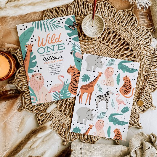 Moderne Safari Dieren Wild Een 1e Verjaardagsfeest Kaart