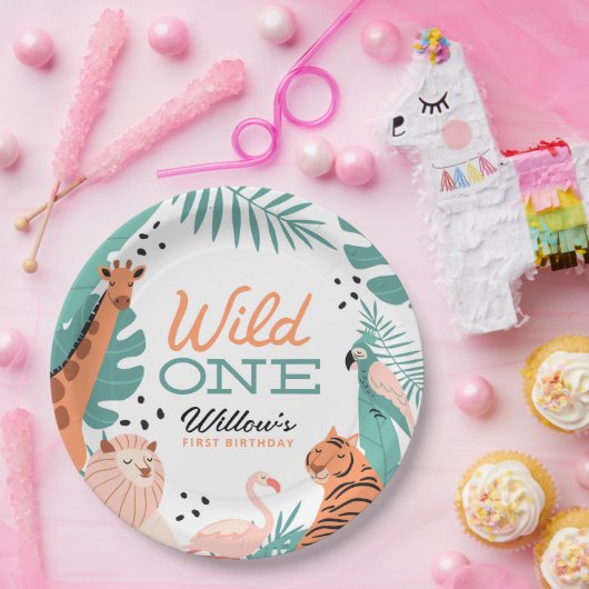 Moderne Safari Dieren Wild Een 1e Verjaardagsfeest Papieren Bordje (Feest)