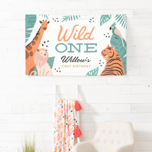 Moderne Safari Dieren Wild Een 1e Verjaardagsfeest Spandoek