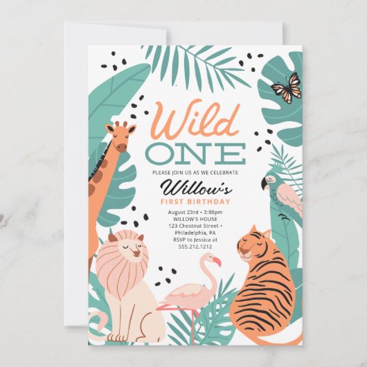 Moderne Safari Dieren Wild One foto uitnodiging (Voorkant)