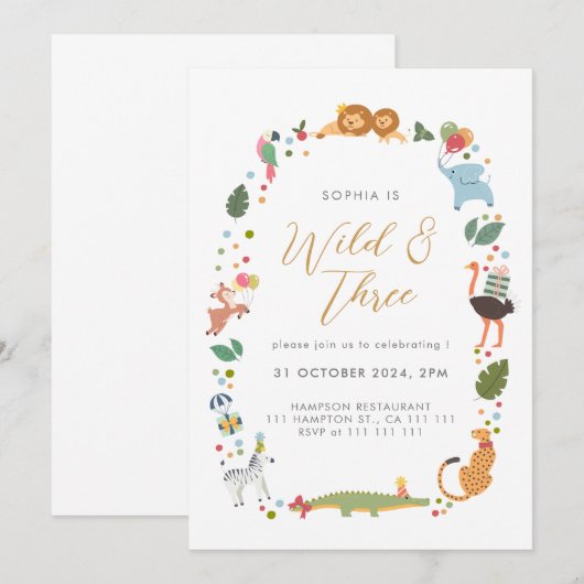 Moderne Safari Wild Drie 3e verjaardag Uitnodiging (Voorkant / Achterkant)