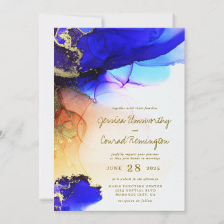 Moderne Saffier Blauw Goud Sinaasappel bruiloft Kaart