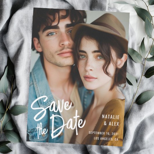 Moderne Sage Brush Script Fotobruiloft Save The Date