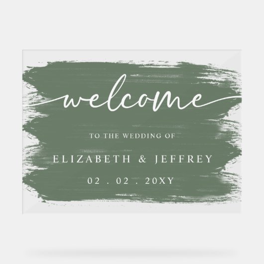 Moderne Sage Brush Strokes Bruiloft Welkom Acryl Bord (Voorkant)