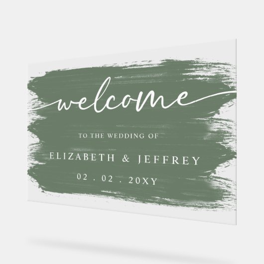 Moderne Sage Brush Strokes Bruiloft Welkom Acryl Bord (Hoek)