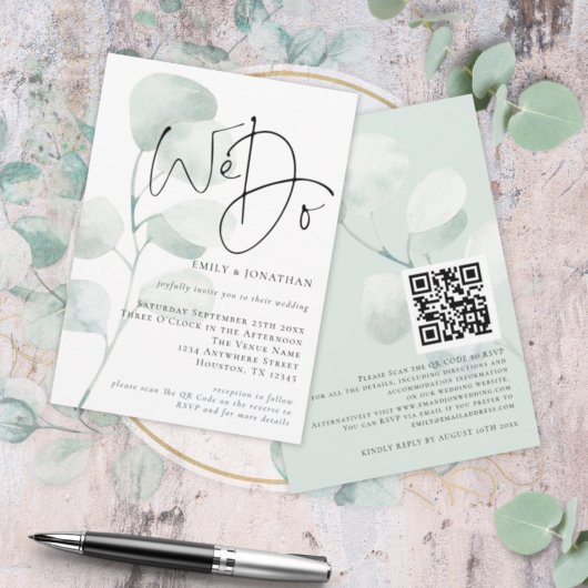 Moderne Sage Eucalyptus We doen QR-code bruiloft Kaart