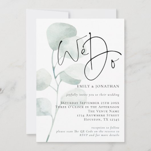Moderne Sage Eucalyptus We doen QR-code bruiloft Kaart (Voorkant)