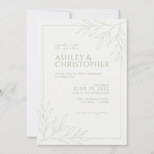 Moderne Sage Foliage Outline All-in-One Bruiloft Kaart (Voorkant)
