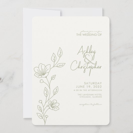 Moderne Sage Foliage Outline All-in-One Bruiloft Kaart (Voorkant)