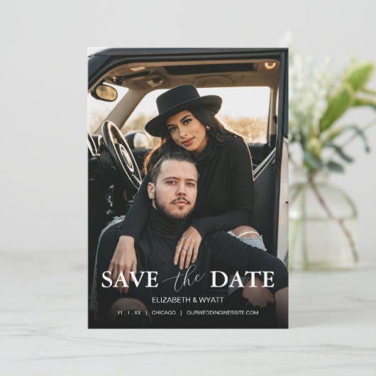 Moderne Sage Foto Bruiloft Save The Date (Staand voorkant)