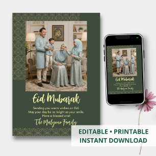 Moderne Sage Geometrisch Patroon Familie Foto Eid Feestdagenkaart