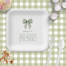 Moderne Sage Gingham Bow Naam Baby shower Picnic Papieren Bordje