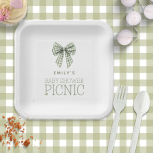 Moderne Sage Gingham Bow Naam Baby shower Picnic Papieren Bordje