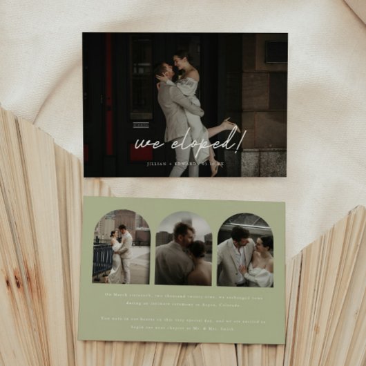 Moderne Sage Green 4-foto Boog bruiloft Elopement Aankondiging