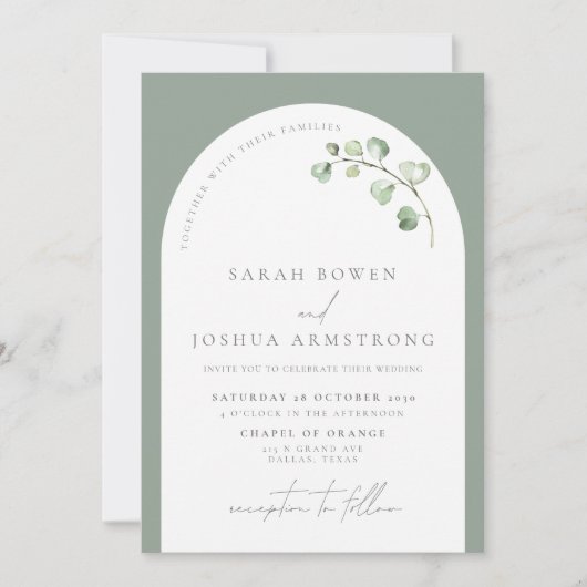 Moderne Sage Green Arch Botanical Script Weddensch Kaart (Voorkant)