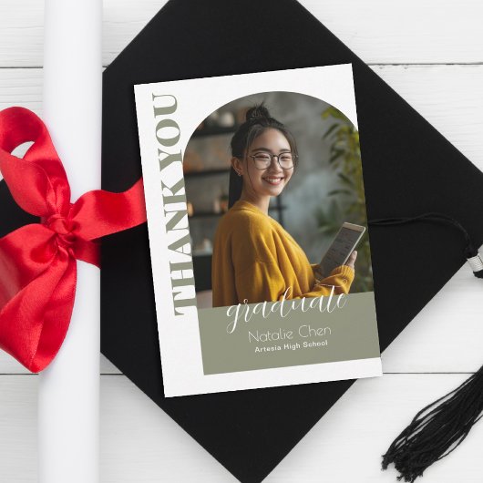 Moderne Sage Green Arch Foto Afstuderen Bedankkaart