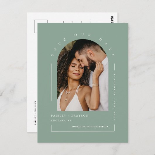 Moderne Sage Green Arch Photo QR Code Save Our Dat Briefkaart (Voorkant / Achterkant)