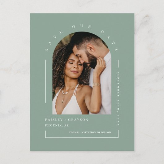 Moderne Sage Green Arch Photo QR Code Save Our Dat Briefkaart (Voorkant)