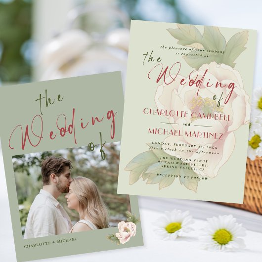 Moderne Sage Green Blush Peony Bloemen Foto Huweli Kaart