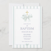 Moderne Sage Green Bow en Stripe Doop Kaart (Voorkant)