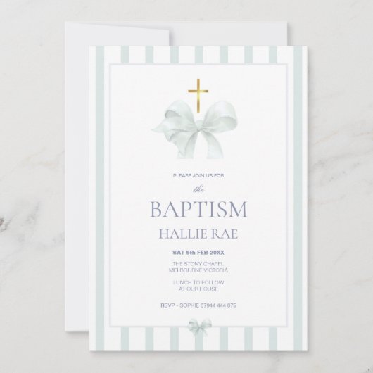 Moderne Sage Green Bow en Stripe Doop Kaart (Voorkant)