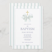 Moderne Sage Green Bow en Stripe Doop Kaart (Voorkant / Achterkant)