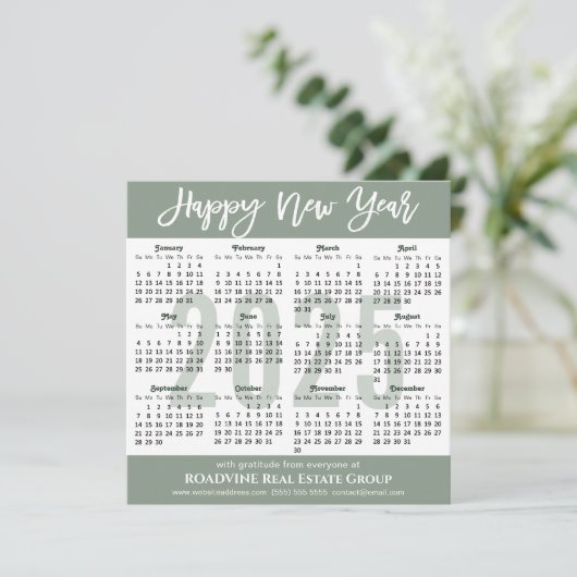 Moderne Sage Green Business 2025 Kalender Eenvoudi Feestdagenkaart (Staand voorkant)